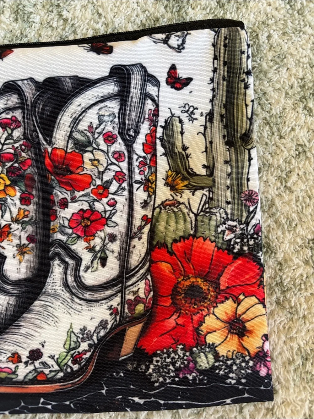 Western Santa Fe Floral Cactus Cowboy Boot Cosmetic Travel Bag Zipper Pouch NWT